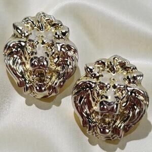 Vintage 80s Lion Head Stud Earrings Gold Tone Figural Statement Unsigned